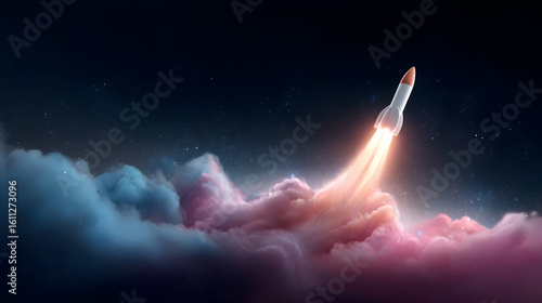 foguete rocket flies through clouds in night sky with dramatic glow scene
