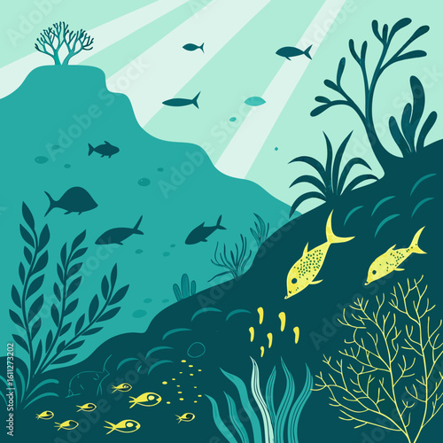 Underwater Scene with Yellow Fish and Green Coral Reef