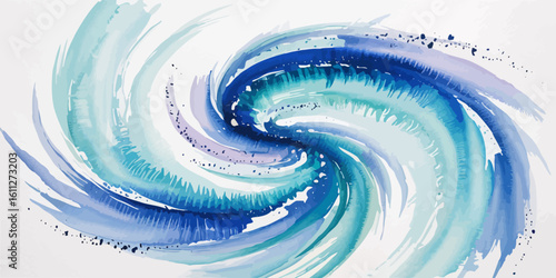 Whirlwind of Watercolor Blues and Teals Artistic Painting with Swirling Brushstrokes and Textured Details on White Background