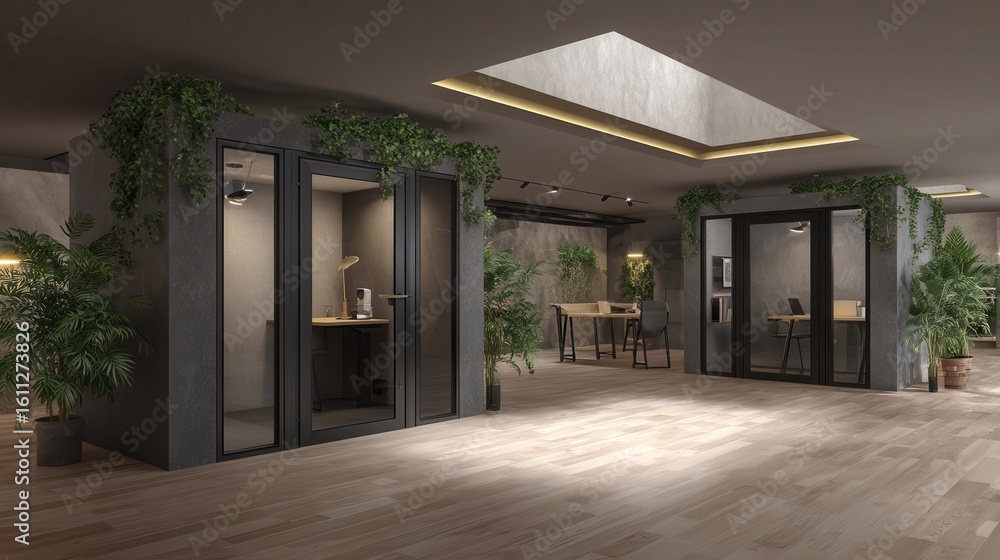 Fototapeta premium Modern, private office pods in a stylishly designed workspace.