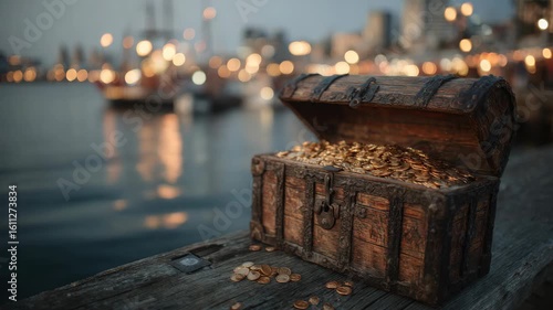 Wallpaper Mural Old wooden treasure chest filled with gold coins on a weathered dock, realistic style, with harbor lights and city in soft background glow Torontodigital.ca