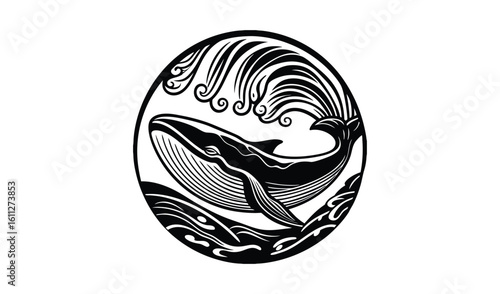 Whimsical oval illustration of a humpback whale spouting water