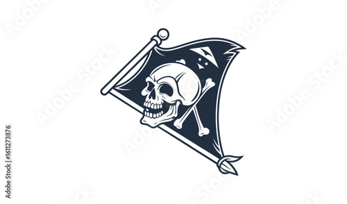 Pirate flag with skull and crossbones waving on a pole
