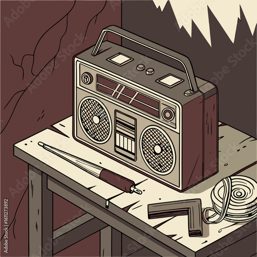 Vintage Boombox on Wooden Table with Tools