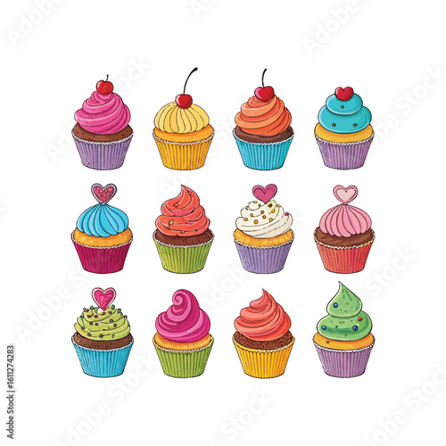 Collection of twelve colorful cupcakes isolated on white background