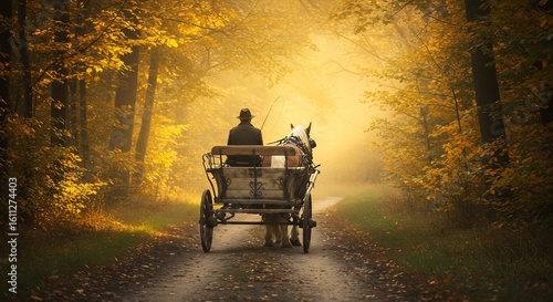 Vintage horse-drawn carriage journey through a golden autumn forest.
