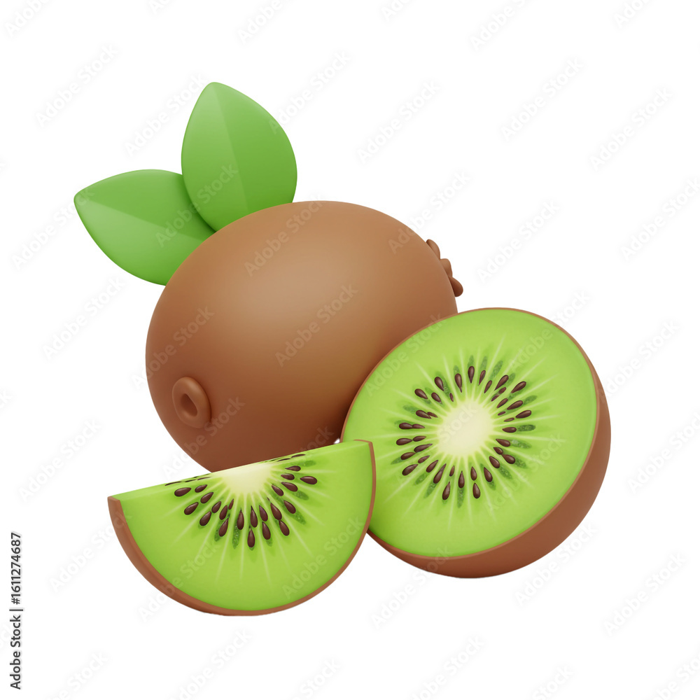 Obraz premium Vibrant rendering of a fresh kiwi fruit with slices and leaves showcasing natural textures and bright colors.