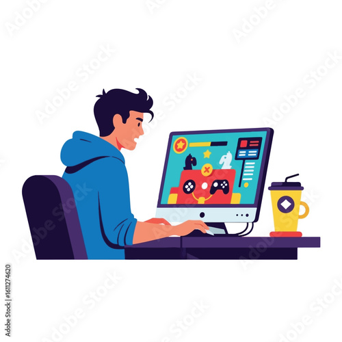 A young man engrossed in a video game on a computer, enjoying a beverage.