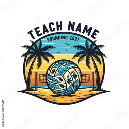 A vibrant logo featuring a volleyball on a beach, framed by palm trees.