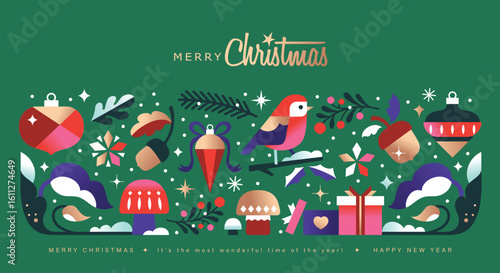 Set of 2026 Merry Christmas and Happy New Year background, banner, cover, poster design with trendy flat style illustration.

