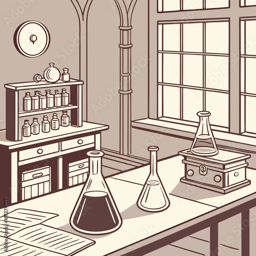 Vintage Sepia-Toned Laboratory Setting with Glassware and Equipment