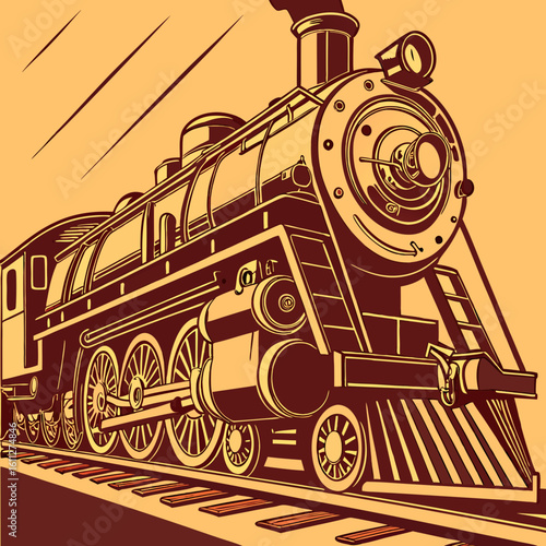 Vintage Steam Train Illustration in Brown and Gold Tones