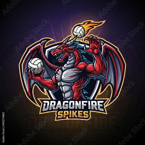 A red dragon mascot logo with wings, holding a volleyball, and another volleyball on fire above its head, with text "Dragonfire Spikes".