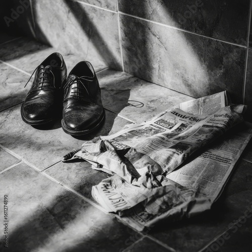 Stylish Leather Shoes on Floor Next to Crumpled Newspaper