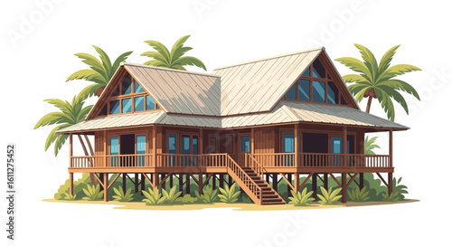 Idyllic Tropical Island Bungalow with Palm Trees Illustration
