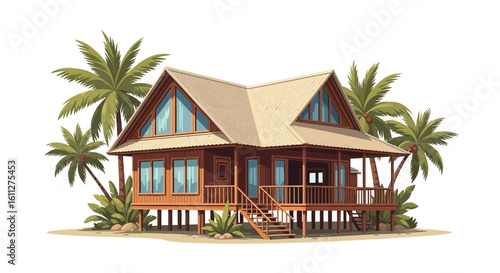 Tropical Beach House Bungalow on Stilts with Palm Trees