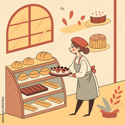 Woman Baker Arranging Pastries in a Cozy Bakery