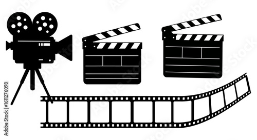 Movie clapperboard camera and film strip vector illustration