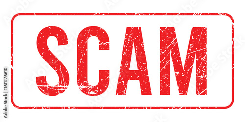 Scam alert vector sign in grunge red stamp style for fraud detection and warning messages