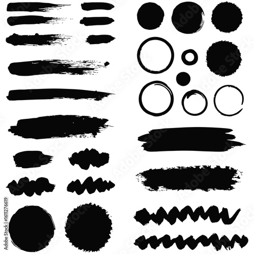 Brush strokes and circle shapes ink textures for creative design assets
