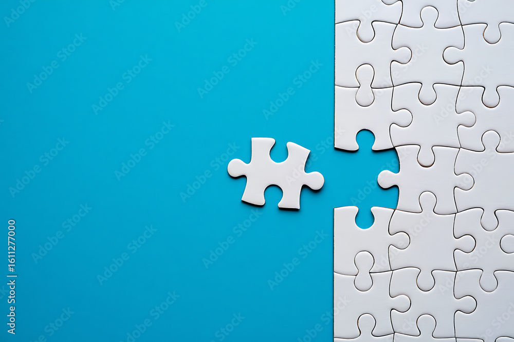 Fototapeta premium Single white puzzle piece floating near incomplete white puzzle