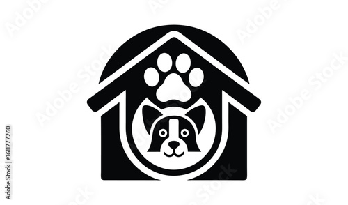 Dog house icon with paw print and dog face silhouette