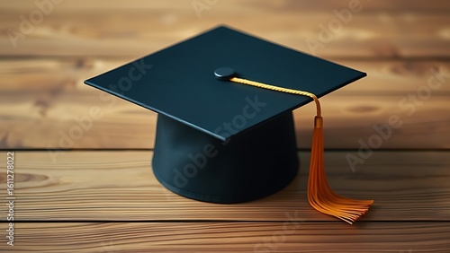 Graduation cap placed on wooden surface, symbolizing academic achievement with soft lighting.