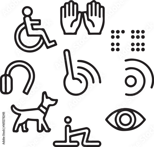 Wheelchair Sign Language, Braille, Hearing Aid, Accessible Web, Service Dog, Captions, Ramp, Eye Symbol, Speech Bubble