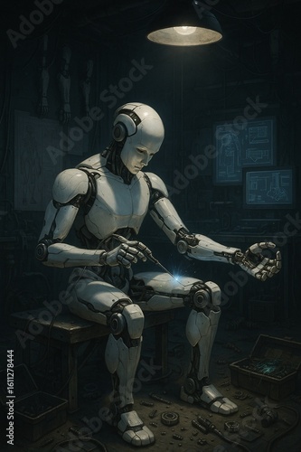 A humanoid robot fixing his arm