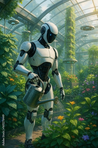 A humanoid robot watering plants.