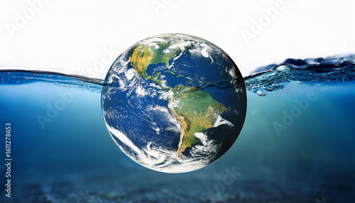 an artistic depiction of earth submerged in water symbolizing environmental challenges and climate change