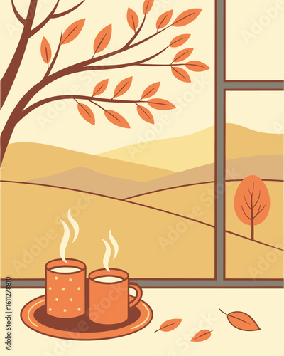 Autumn landscape with cup of tea and coffee vector illustration