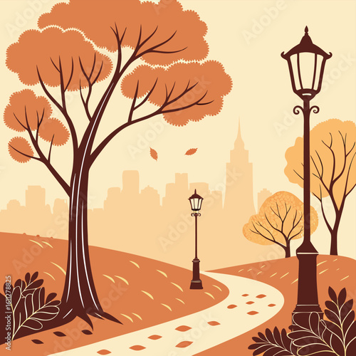 Autumn park landscape with trees and colorful leaves in the city