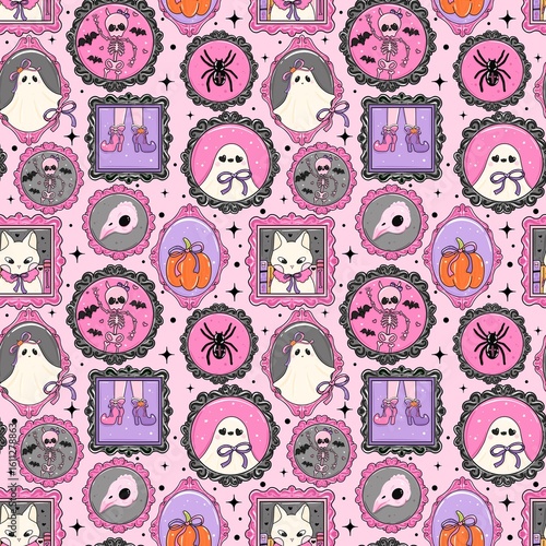 Cute Spooky Frames Halloween Pattern. Kawaii Halloween Frames Pattern. Cute Ghost and Cat Halloween Design