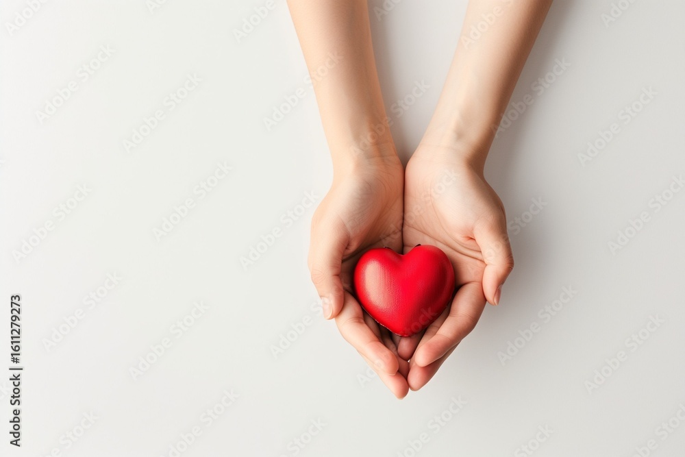 Fototapeta premium Faceless hands gently holding red heart shape, white background, concept of emotional care, therapy and support.