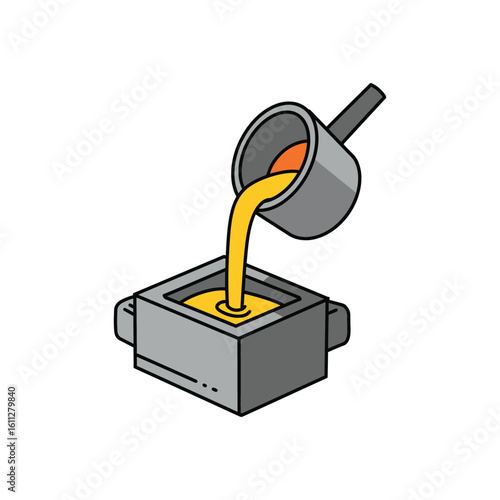 Molten metal pouring from an industrial ladle into a casting mold. Foundry process for metallurgy and blacksmithing. Vector illustration.