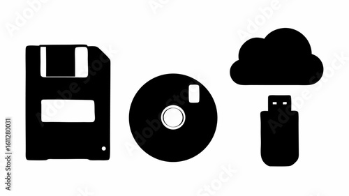Black and white illustration showing floppy disk cd usb drive and cloud storage on a white background | editable eps vectors silhouette
