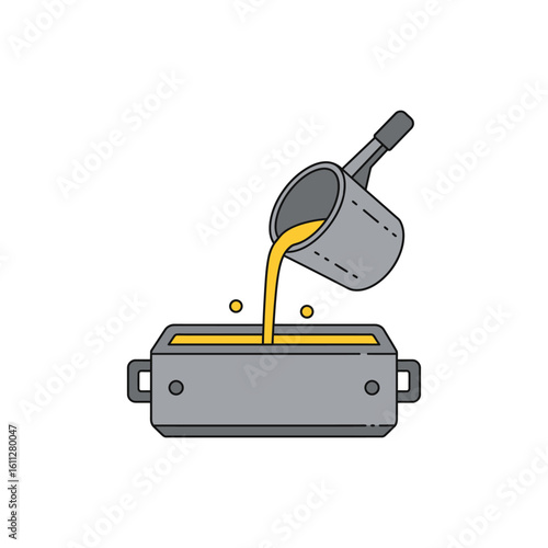 Molten metal being poured from a ladle into an ingot mold for casting. Vector icon for the foundry, metallurgy, or blacksmithing industry.