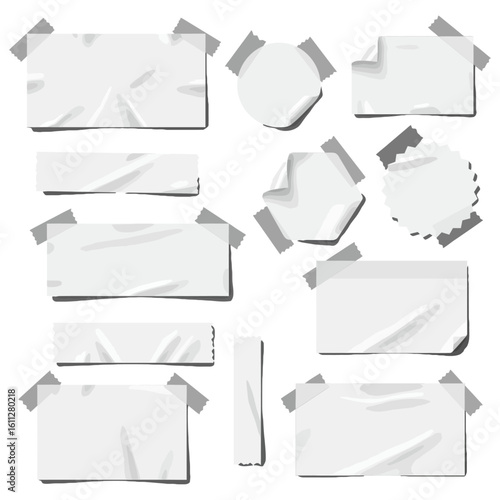 Blank paper notes taped to wall crumpled message memo vector set