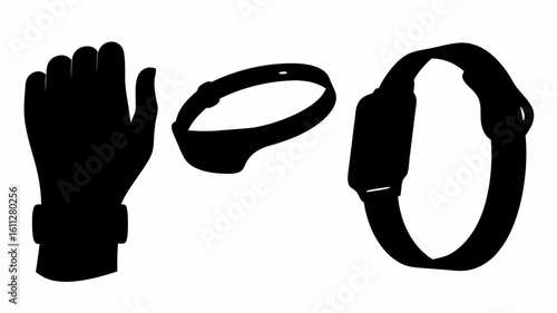 Silhouette depiction of a hand with a wristband alongside two different styles of wrist worn devices | editable eps vectors