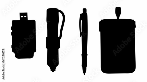 Silhouette illustration of a usb drive, marker, pen, and a container on a white background image view | editable eps vectors