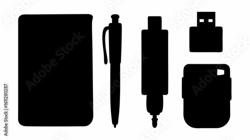 Silhouette of a notebook, pen, marker, usb drive, and a camera on a white background image | editable eps vectors