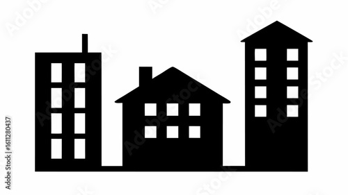 Silhouette of a city skyline with buildings and a house in black on a white background in a simple style | editable eps vectors