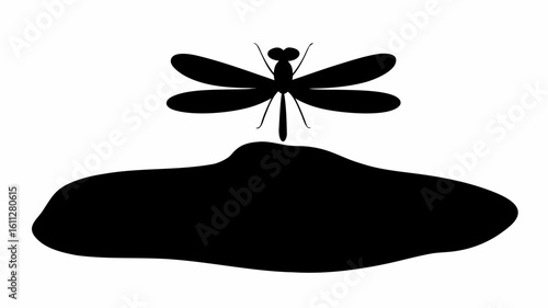 Silhouette of a dragonfly hovering above a dark irregular shape on a white background in simple graphic style | editable eps vectors
