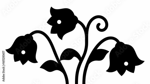 Silhouette of three bell shaped flowers with stems and leaves in a black and white floral arrangement | editable eps vectors