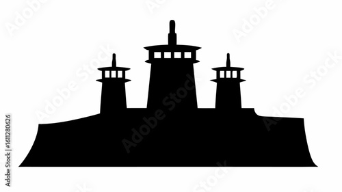 Silhouette of three towers atop a structure with a central taller tower and smaller flanking towers design | editable eps vectors