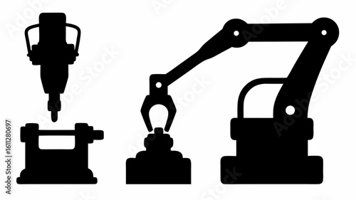 Illustration of industrial robotic arms and a drilling machine in black silhouette on white background | editable eps vectors