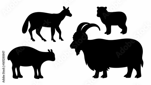 Silhouette illustration featuring a deer, sheep, goat, and ram in a black and white composition | editable eps vectors