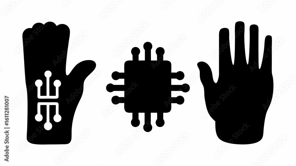 Obraz premium Illustration showing a hand with circuitry design, a microchip, and a plain hand in black and white | editable eps vectors silhouette