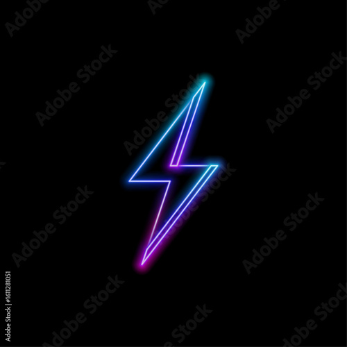 Lightning bolt, electric power, simple icon. blue neon style on black background. Light linear icon with editable stroke